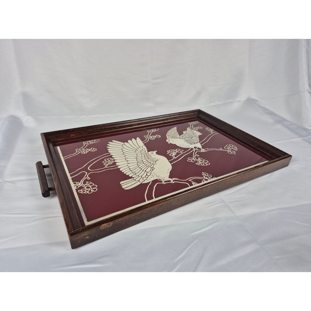 Vintage Asian Glass Wood Serving Tray Bird Cherry Blossom Chinoiserie Decor MCM